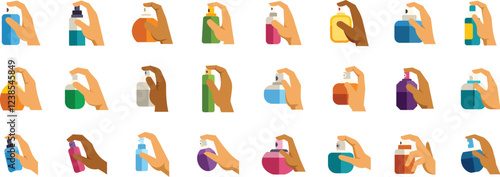 Different hands spraying various colorful perfume, deodorant, disinfectant or cleaning spray bottle collection