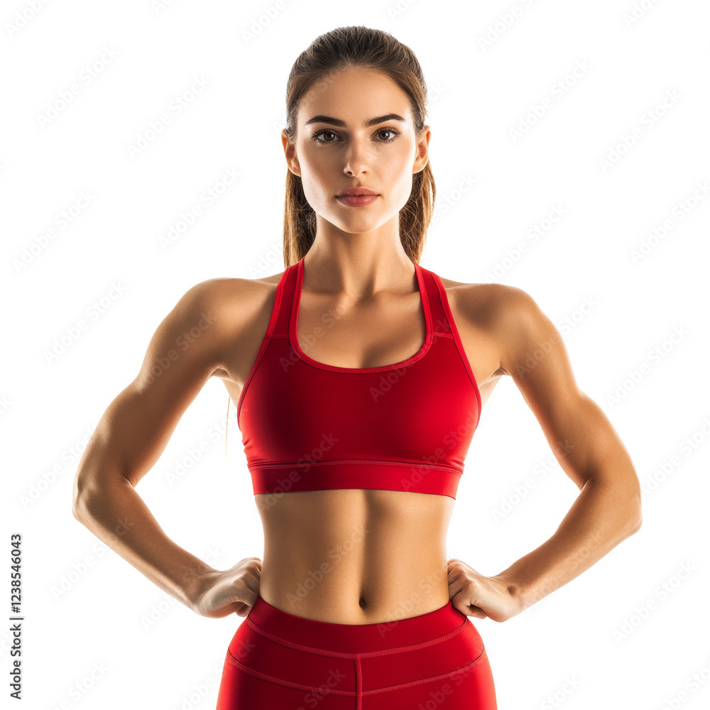 A young, fit woman in red athletic wear poses confidently, showcasing her toned physique. A young, fit woman in red athletic wear poses confidently, showcasing her toned physique.