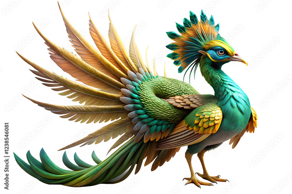 Obraz premium A vibrant and majestic Simurgh, a Persian mythical bird with the body of a peacock and the head of a lion. Isolated on a white background. For Gaming and Fantasy projects. 