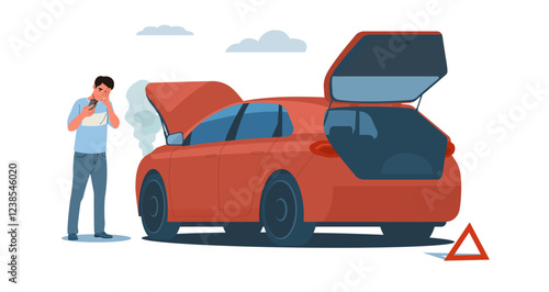 A man near a broken down car with the hood open. Vector illustration.