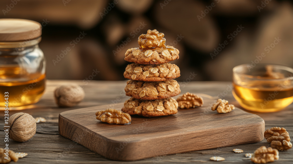 Fototapeta premium Delicious oatmeal cookies stacked on wooden cutting board, topped with walnuts and drizzled with honey, creating warm and inviting atmosphere