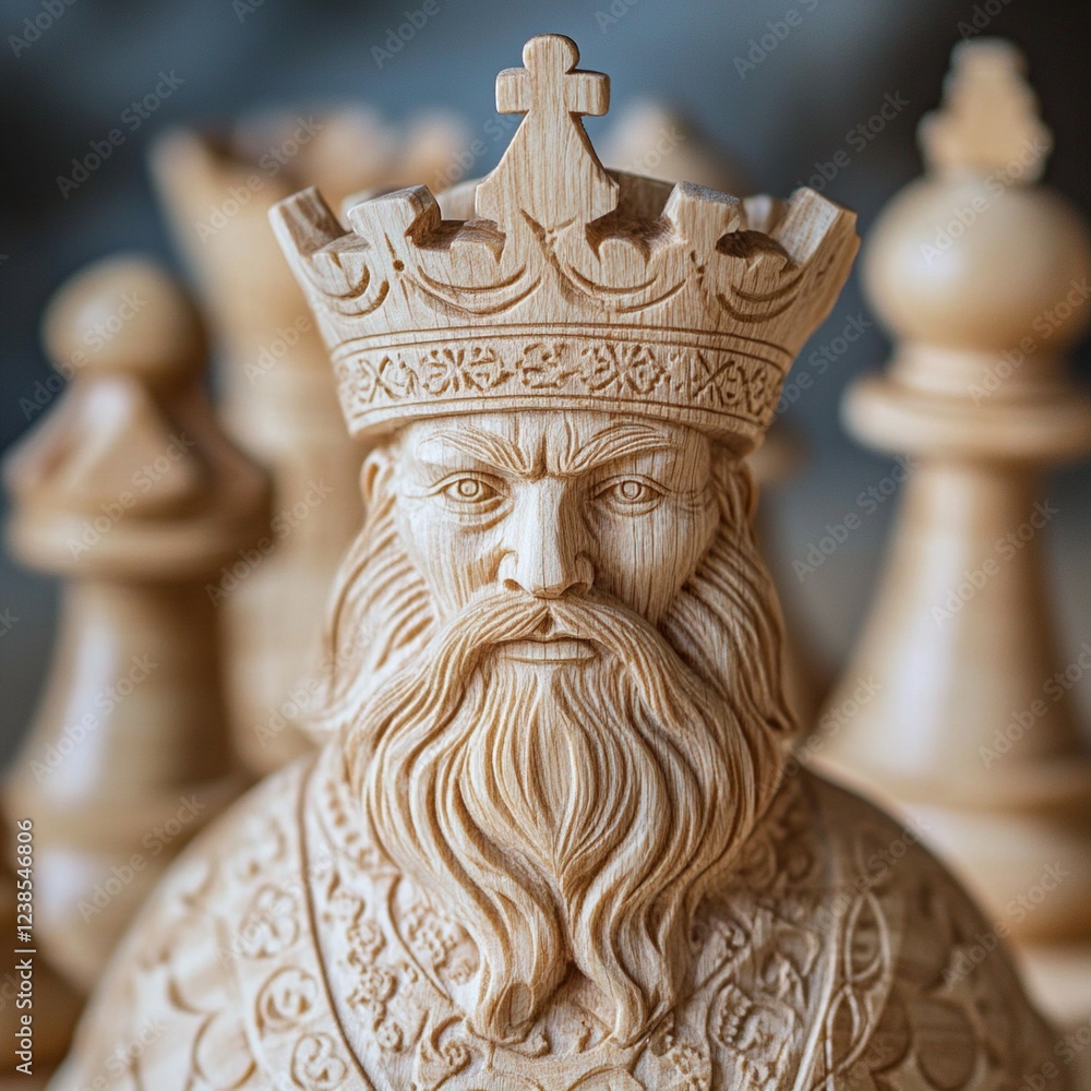 Close-up of a carved wooden chess king piece. Close-up of a carved wooden chess king piece.