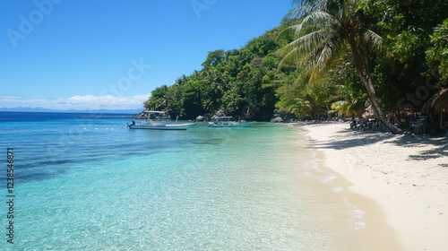 A sunny tropical beach with clear turquoise water, soft white sand, and palm