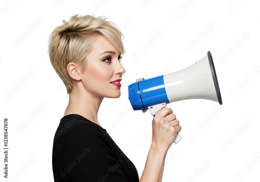 Woman with short blond hair holding a blue and white megaphone, isolated on white background Woman with short blond hair holding a blue and white megaphone, isolated on white background