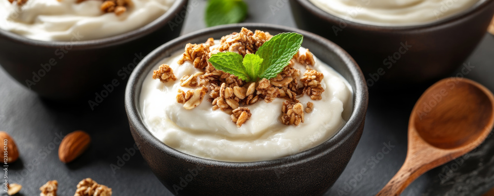 Creamy yogurt topped with crunchy granola, nuts, and fresh mint in black bowls, creating delicious and healthy snack. Perfect for breakfast or dessert