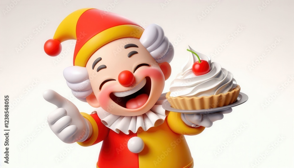 Joyful clown delightfully presenting cake studio digital art bright atmosphere front view Joyful clown delightfully presenting cake studio digital art bright atmosphere front view
