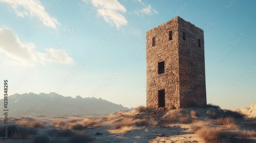 Ancient Stone Tower Standing Tall in the Desert Landscape Under Clear Skies Ancient Stone Tower Standing Tall in the Desert Landscape Under Clear Skies