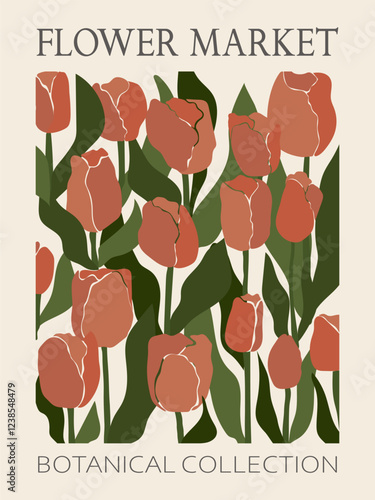 Botanical wall art of tulip flower market poster. Retro groovy spring flowers composition. Vector illustration.