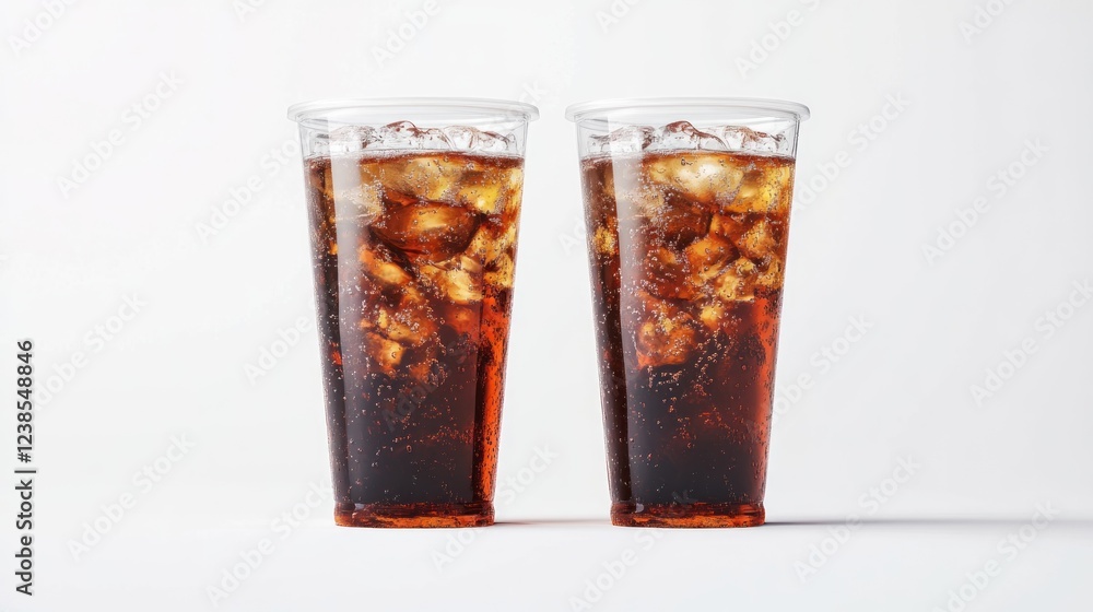 Two glasses of cola with ice on white background; drinks photography for menu or advertisement
