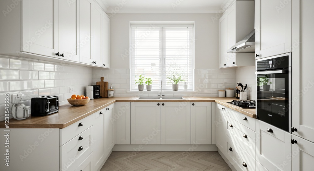 Fototapeta premium A bright, modern U-shaped kitchen with white cabinets, wood countertops, and subway tile backsplash. A large window with blinds and potted plants brings in natural light.