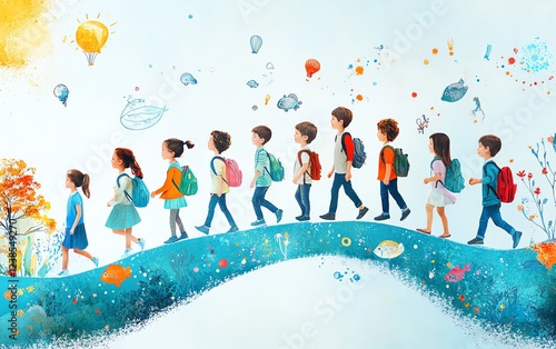 Concept of childrens growth stages, showing physical, emotional, academic, and social behavior milestones from early childhood to adolescence, with vibrant and detailed visuals