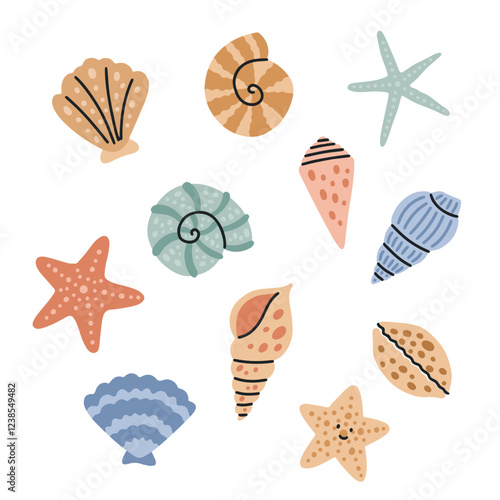 Vector collection of colorful marine shells and starfish in a playful and minimalistic style. Includes various shell shapes, starfish, and coral elements