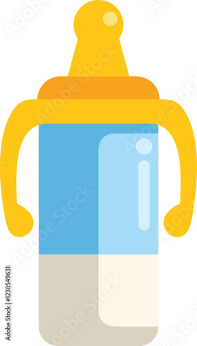 Baby bottle containing milk, featuring yellow handles for easy gripping, isolated on a white background