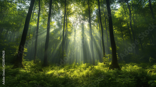 Sunlight streaming through lush green trees in a dense forest creating a peaceful and natural atmosphere with rays of light illuminating the foliage photo