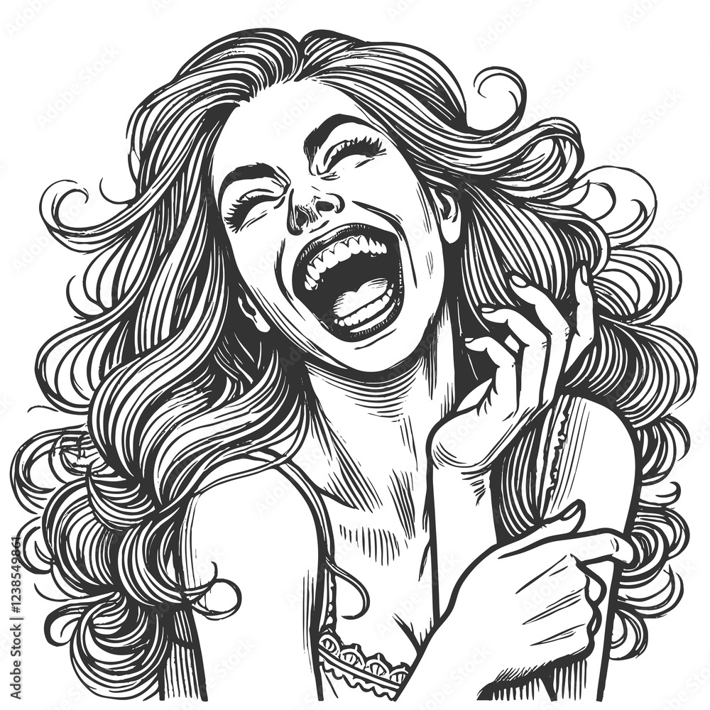 Crazy mad woman laughing joyfully with an expressive and dynamic pose sketch engraving generative ai fictional character raster illustration. Scratch board imitation. Black and white image. Crazy mad woman laughing joyfully with an expressive and dynamic pose sketch engraving generative ai fictional character raster illustration. Scratch board imitation. Black and white image.