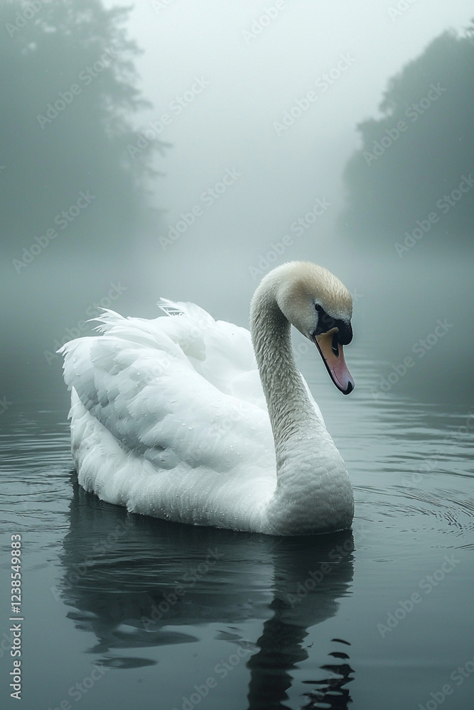 Fototapeta premium Serene Swan in Misty Lake