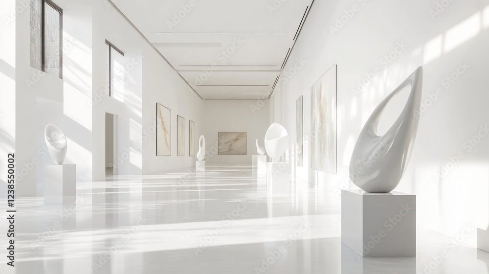 Fototapeta premium White Gallery Showcases Modern Sculptures and Art