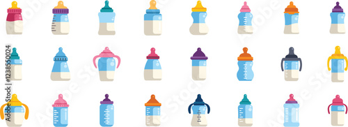 Set of various baby bottles containing milk or infant formula, showcasing different shapes, sizes, and colors, ideal for childcare and baby feeding concepts