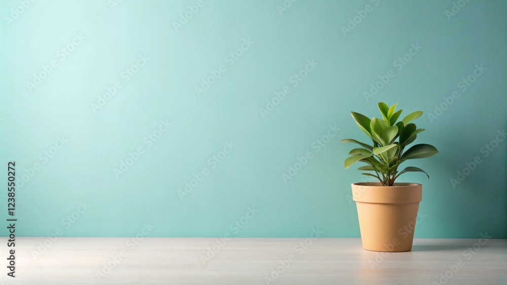 Fototapeta premium A potted plant sits on a light wooden surface against a pale aqua wall