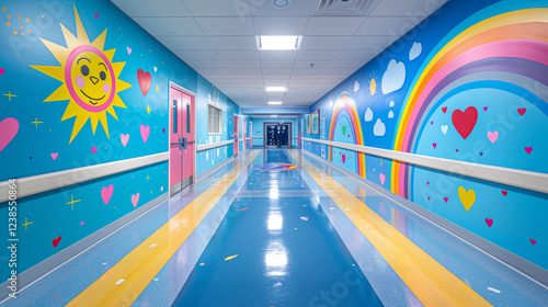 Vibrant mural art in hospital corridor children’s health center colorful environment inspiring view