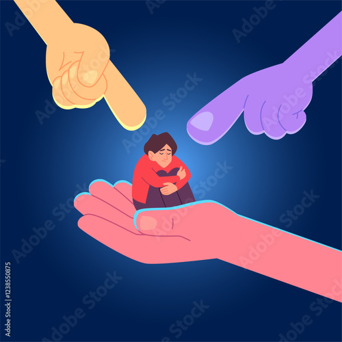 Bullying. big hands pointing on little afraid person concept illustration in vector style