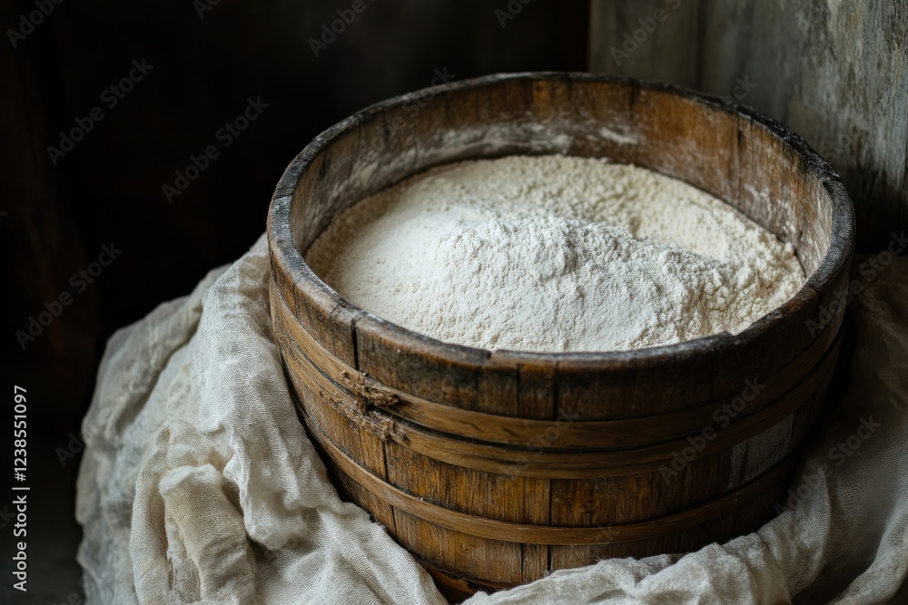 White flour nestled in rustic wooden bowl for baking enthusiasts White flour nestled in rustic wooden bowl for baking enthusiasts