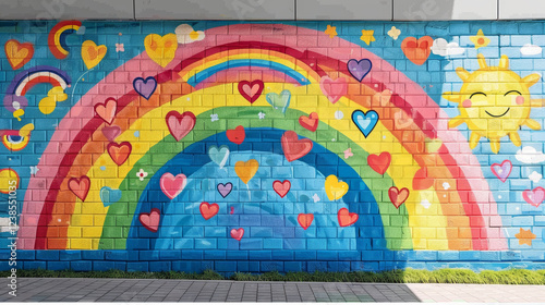Eye-level view of urban joy vibrant rainbow mural displaying colorful street art