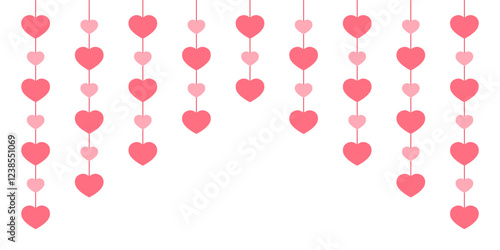 Vector illustration of hanging pink hearts on transparent background