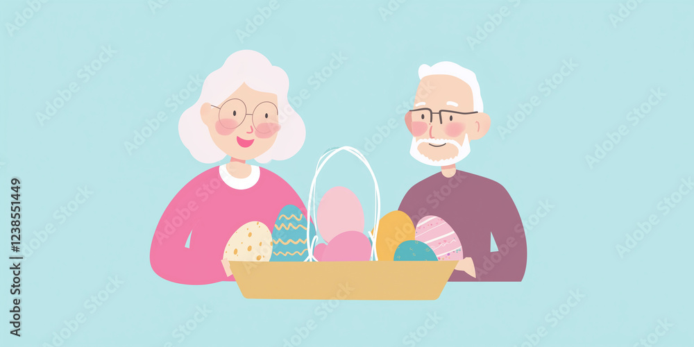 Modern Easter flat illustration of an elderly couple with a basket of colorful eggs Modern Easter flat illustration of an elderly couple with a basket of colorful eggs