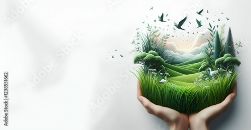 The photo shows a pair of hands holding a green planet with a tree growing on it | Premium AI-generated image
