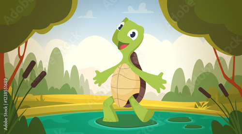 Turtle. amphibian mascot standing on leaf in pond. vector cartoon character