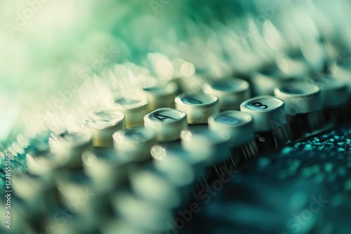 Close-up of vintage typewriter keys, showcasing aged ivory color and subtle teal lighting. photo