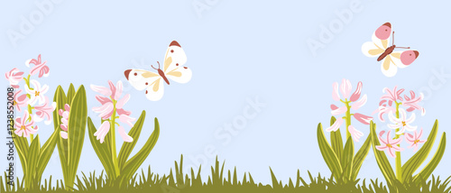 hyacinth, spring flowers and butterflies, vector drawing wild plants at white background, floral border, hand drawn botanical illustration