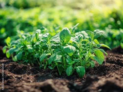 Young plants emerging from dark soil, bathed in morning sunlight and hope photo