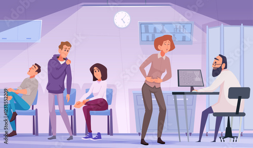 Painful body. Person suffers from pain exact vector cartoon background illustration template