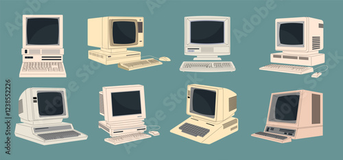 Retro devices. Historical technologies 80s and 90s electronic equipment old style computers recent vector flat pictures template