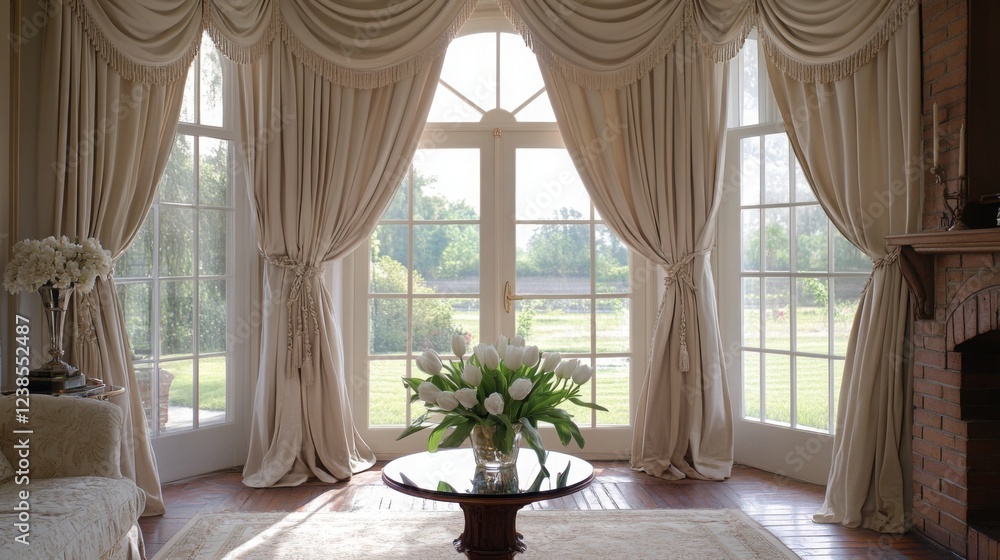 An elegant room with ornate beige curtains adorned with tassels, creating a luxurious window treatment around French doors leading to a panoramic countryside view. An elegant room with ornate beige curtains adorned with tassels, creating a luxurious window treatment around French doors leading to a panoramic countryside view.