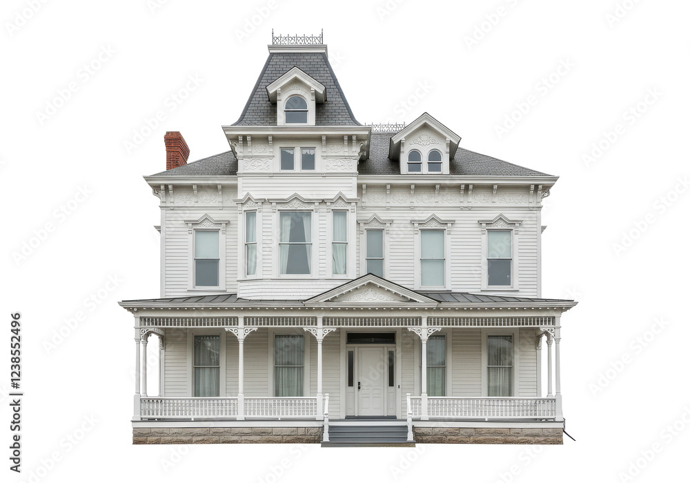 Fototapeta premium Victorian-style white house isolated on white background, front view, no depth of field, sharp.