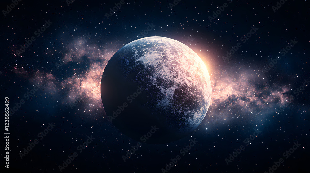 A glowing planet surrounded by colorful clouds in the vastness of outer space at twilight A glowing planet surrounded by colorful clouds in the vastness of outer space at twilight