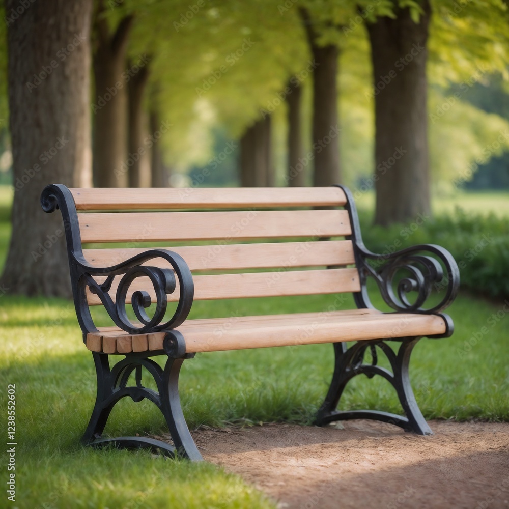Wooden bench in a serene park setting with lush greenery Wooden bench in a serene park setting with lush greenery