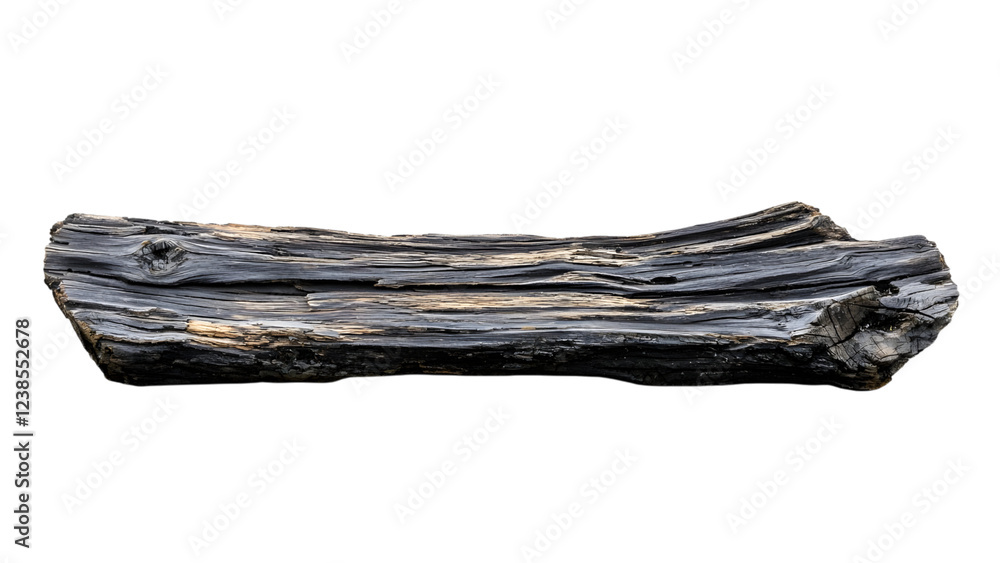 Weathered black log with intricate textures, isolated on a white background Weathered black log with intricate textures, isolated on a white background