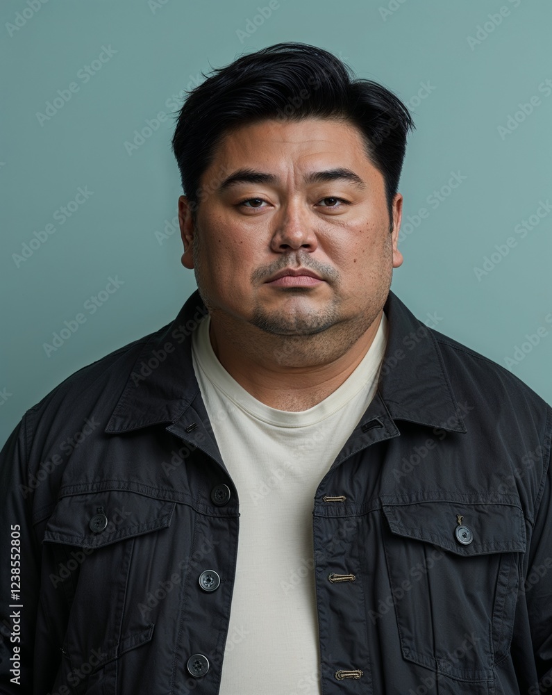 Fototapeta premium Mature chubby Asian man neutral short black hair black jacket light teal background