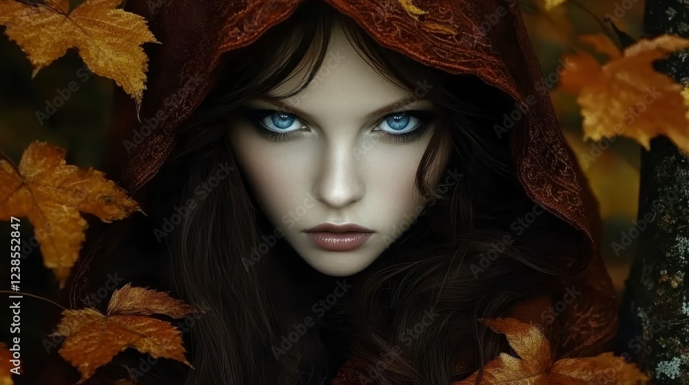 Close up portrait of a young woman with striking blue eyes, framed by autumn leaves. She is wearing a dark red hooded cloak, creating a mysterious Close up portrait of a young woman with striking blue eyes, framed by autumn leaves. She is wearing a dark red hooded cloak, creating a mysterious