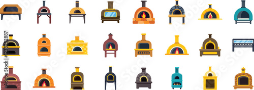 Brick pizza oven baking cooking utensils icons set flat vector illustration