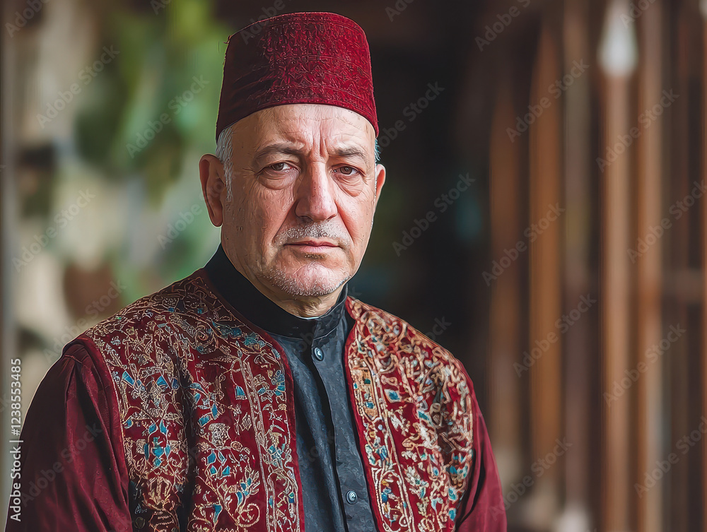 Obraz premium Man in traditional Turkish Ottoman outfit stands in historical Istanbul with a stoic expression against a richly detailed backdrop