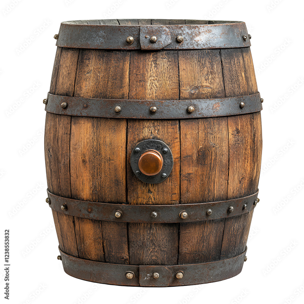 Fototapeta premium Vintage Wooden Barrel with Metal Bands Rustic Aged Texture Stock Photo
