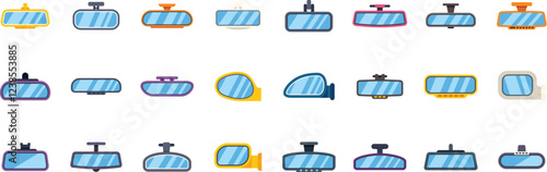Set of car rearview mirror icons in various shapes and colors, offering a comprehensive collection for automotive related designs