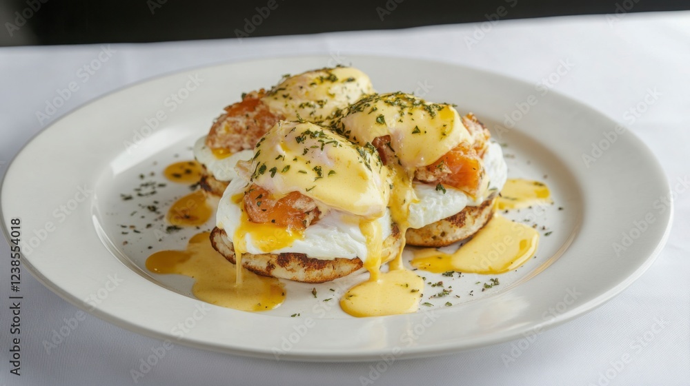 A decadent plate of eggs Benedict with perfectly poached eggs, smoked salmon, and hollandaise sauce, elegantly plated on a fine white plate A decadent plate of eggs Benedict with perfectly poached eggs, smoked salmon, and hollandaise sauce, elegantly plated on a fine white plate