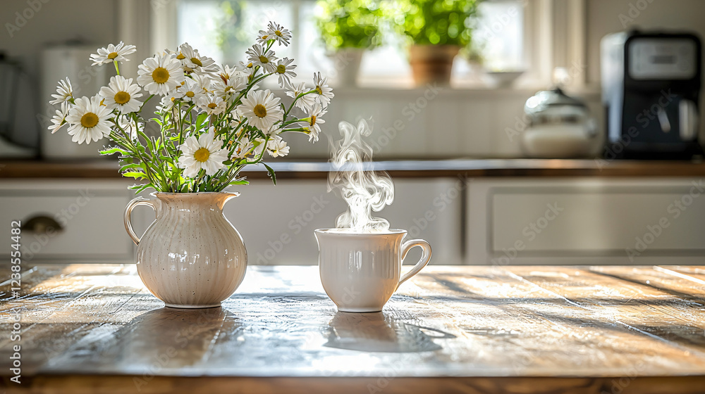 A peaceful kitchen with sunlight reflecting off a polished wooden table, a vase with fresh flowers, and a cup of coffee steaming in the morning light, embodying simplicity and calm. 