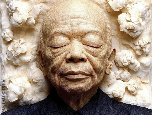 Close up view of a serene, sculpted face, appearing peaceful and possibly deceased, surrounded by textured, off white, flower like forms. The photo